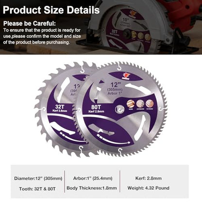 12" Circular Saw Blade, 32T&80T 2pcs-Set, Table Saw Blade, Miter Saw Blade.