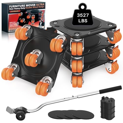 Furniture Movers with 10 Wheels – Upgraded Dual Wheel Design, Carbon Steel Panel Heavy Duty Dolly with Lifter, Max Load 3527 LBS, More Stable & Smoother Moves