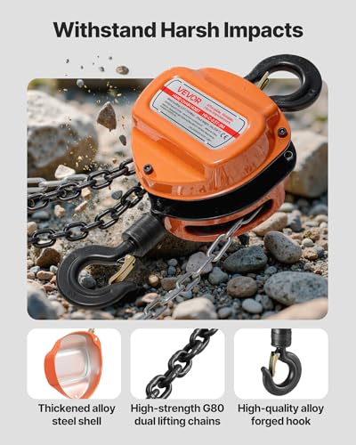VEVOR Hand Chain Hoist, 1/2 Ton 1100 lbs Capacity, Manual Chain Block with Upgrade G80 Galvanized Chain, 10 ft Lifting Height, Heavy Duty Pulley Hoist for Garage Warehouse Automotive Machinery, Orange - size: 1/2T 10FT