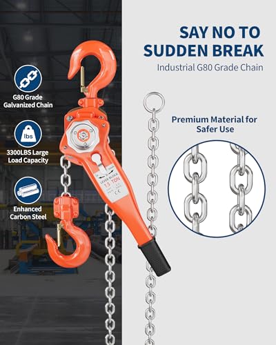 1-1/2 Ton Lever Chain Hoist, 3300 Lbs 20 ft Manual Ratchet Come Along - size: 1-1/2 TON 20FT