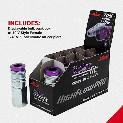 Milton 764VC ColorFit HIGHFLOWPRO V-Style Air Couplers, 1/4" FNPT Female Quick Connect, Purple Color-Coded High-Flow Fittings, Up to 70% More Airflow, 300 PSI, Box of 10