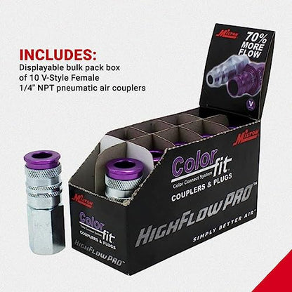 Milton 764VC ColorFit HIGHFLOWPRO V-Style Air Couplers, 1/4" FNPT Female Quick Connect, Purple Color-Coded High-Flow Fittings, Up to 70% More Airflow, 300 PSI, Box of 10