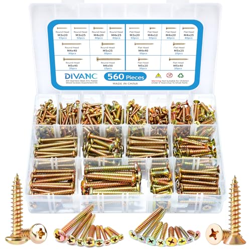 560Pcs 304 Stainless Steel Zinc Plated Self Tapping Screws Assortment Set, M3/M4/M5/M6 Flat Head & Round Head Self Tapping Screws Assortment Set, Phillips Drive Wood Screw Assortment Kit (Gold) - color: Gold