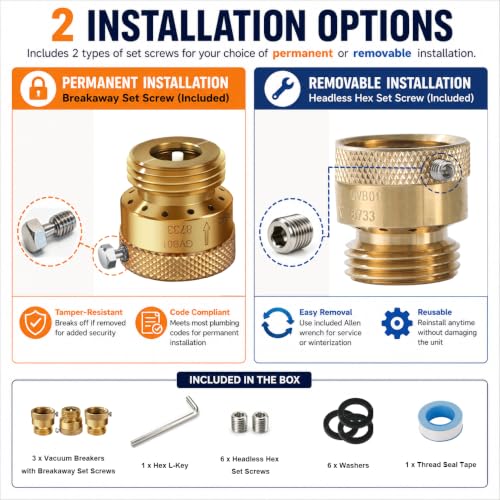 3 Pack SUNROAD Lead-Free Brass 3/4" Inch MHT Hose Bibb Connector Backflow Preventer Vacuum Breaker,Check Valve For Garden Spigot RV Hose Connection,Anti-Siphon Fitting with extra set screws