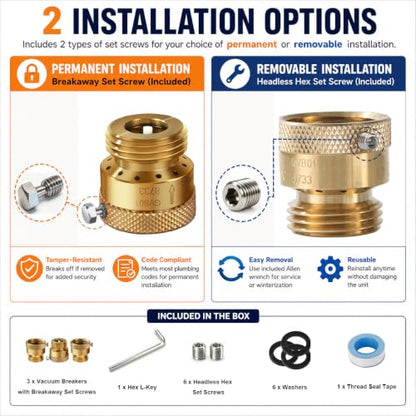 3 Pack SUNROAD Lead-Free Brass 3/4" Inch MHT Hose Bibb Connector Backflow Preventer Vacuum Breaker,Check Valve For Garden Spigot RV Hose Connection,Anti-Siphon Fitting with extra set screws