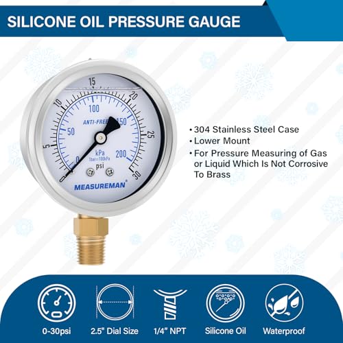 MEASUREMAN 2-1/2 Inch Low Pressure Gauge, 0-30 PSI, Silicone Oil Filled, All-Weather Antifreeze, Stainless Steel Case, 1/4 NPT Lower Mount - size: 0-30 PSI