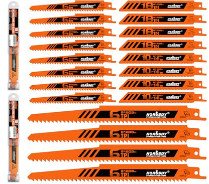 HORUSDY 20-Piece Reciprocating Saw Blades Set, 6 & 8 Inch Wood and Metal Cutting Blades with Storage Box, Multi-Size for Pruning, Wood, and Metal Cutting Tools - style: 20-Pc Multi-Size (Wood & Metal)