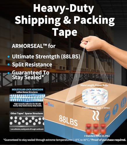 Strong Heavy Duty Packing Tape Refills, 6 Rolls, 360Yard Total, 1.88 in x 60 yd, 2.7 mil HD Clear Packaging Tape for Shipping, Moving and Taping up Cardboard Box Postal Parcel Mailing - size: 6-PACK REFILL
