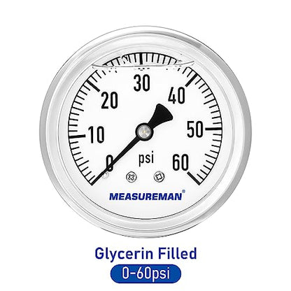 MEASUREMAN 2-1/2" Dial Size, Glycerin Filled Plumbing Pressure Gauge, 0-60psi, Stainless Steel Case, 1/4" NPT Back Mount - size: 0-60 psi, style: Back Mount
