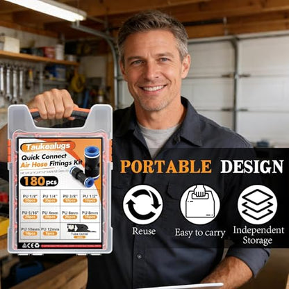 180 Pcs Push-to-Connect Air Hose Fittings Assortment Kit,Quick Connect Hose Fittings 1/8" 1/4" 5/16“ 3/8" 1/2" and 4 6 8 10 12mm Pneumatic Quick Connectors