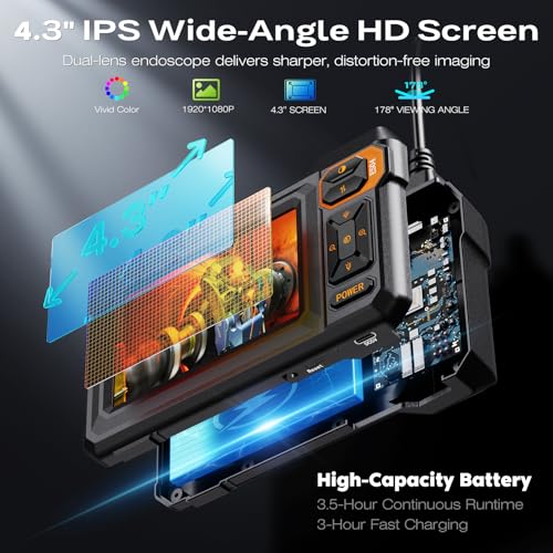 Endoscope Camera with Light, 1920P HD Borescope, 4.3" IPS Inspection Camera - size: 6.6FT Single Lens