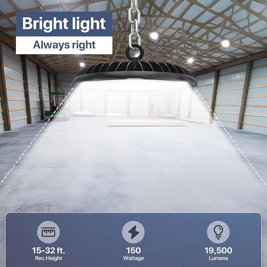 HYPERLITE UFO LED High Bay Light: 150W 19500LM High Bay LED Shop Lights with 6ft Plug - 5000K IP65 LED Warehouse Lights for Workshop Stadium Garage Lighting 10-Pack