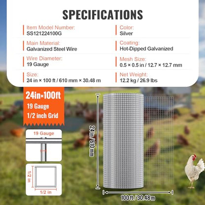 VEVOR Hardware Cloth, 1/2 inch 24in x 100 ft 19 Gauge, Hot Dipped Galvanized Wire Mesh Roll, Chicken Wire Fencing, Wire Mesh for Rabbit Cages, Garden, Small Rodents - size: 24'' x 100'