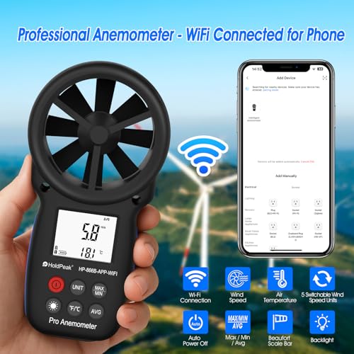 Professional WiFi Anemometer, Smart Wind Speed Meter Gauge with APP, 0.3-40m/s Range, Measures Wind Temp, Max/Min/Avg, Backlight, Ft/min, Knots, Km/h, Mph, (866B-APP-WIFI) - color: 866B-APP-WIFI