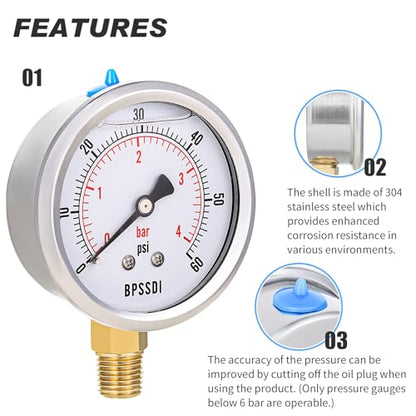 0-60 Psi Glycerin Liquid Filled Low Pressure Gauge, 2.5" Dial Size, 1/4" NPT Lower Mount, 304 Stainless Steel Case, for Water Oil Air Pressure Test, Refrigeration Systems(Such as Evaporators) - size: 0-60 psi, style: Lower Mount