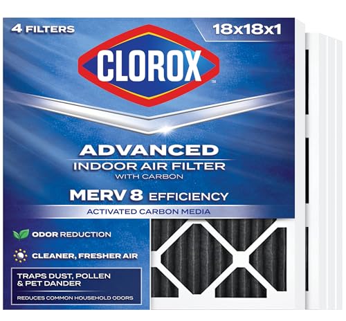 Clorox 18x18x1 Air Filter, MERV 8 with Carbon, Reduces Pet Smells, Cooking Smells and More, Pleated HVAC AC Furnace Filter, 4-Pack (Actual Size 17.75 x 17.75 x 0.75), Made in USA - style: MERV 8 Odor