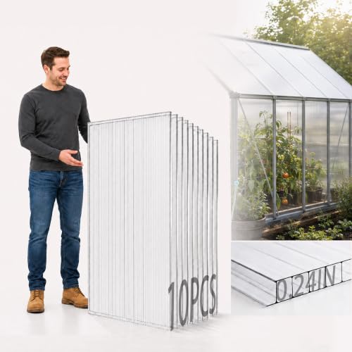 Sinimaka 10-Pack Polycarbonate Greenhouse Panels, 4 x 2 ft, 0.24 in 6mm Twin-Wall Sheets, UV-Coated Translucent Roof Replacement for Greenhouses and Cold Frames - size: 4' x 2' x 0.24'' 10Pack