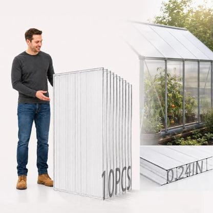Sinimaka 10-Pack Polycarbonate Greenhouse Panels, 4 x 2 ft, 0.24 in 6mm Twin-Wall Sheets, UV-Coated Translucent Roof Replacement for Greenhouses and Cold Frames - size: 4' x 2' x 0.24'' 10Pack