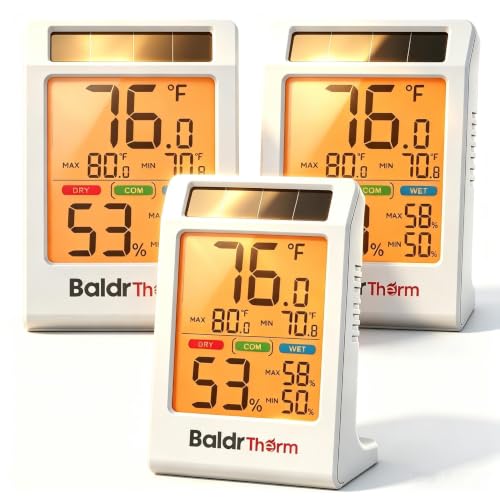 BALDR 3-Pack Solar Indoor Thermometer Humidity Meter with Backlight - color: White Indoor Thermometer-3 Pack