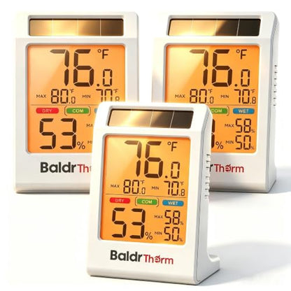 BALDR 3-Pack Solar Indoor Thermometer Humidity Meter with Backlight - color: White Indoor Thermometer-3 Pack