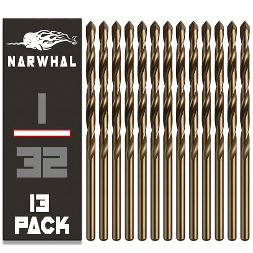 Narwhal 1/32 Inch Cobalt Drill Bits (13 Pack - Industrial Grade M35 Cobalt) 1-3/16" Length & 135 Degree Split Point for Drilling Into Metal, Hardened & Stainless Steel, Cast Iron, & More! - size: 1/32 in