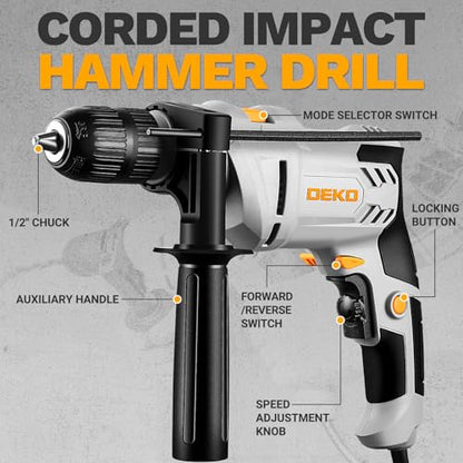DEKOPRO 6-Amp 1/2-Inch Hammer Drill, Variable Speed Electric Corded Hammer Drill with 12pcs Bit for Concrete & Wood, 2 Functions in 1 with Keyed Metal Chuck, 360° Rotating Handle