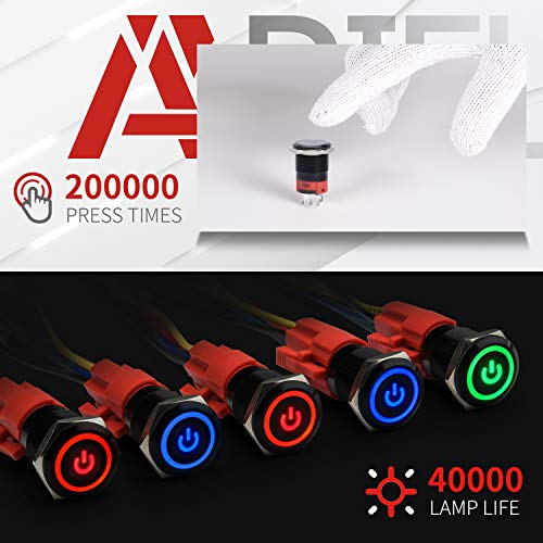 APIELE 19mm Latching Push Button Switch 3/4" 12V DC Black Shell Power Symbol LED with Socket Plug 1NO1NC SPDT ON/Off (Red/Black Shell) - color: Red/ Black Shell