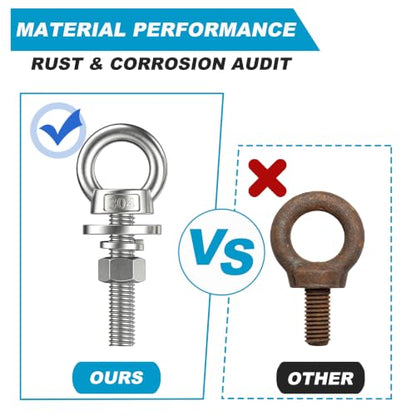 2 Pack M8 Stainless Steel Eye Bolts with Nuts and Washers, 5/16" x 4" Long Lifting Ring Eye Bolt, Heavy Duty Marine Grade 304 Eyebolts for Outdoor String Light Hanging, Tie Down Anchors - size: M8x102mm (5/16"x4")