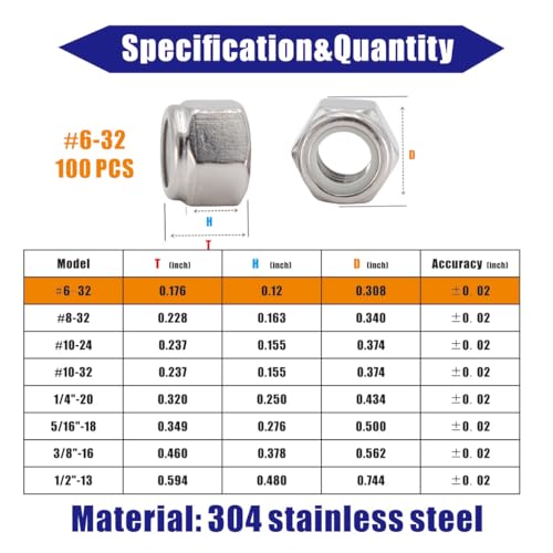 #6‑32 Lock Nut, 100Pcs 304 Stainless Steel Nylock Insert Locking Nuts - size: #6-32 (100 pcs)
