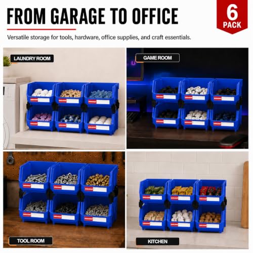 6 Pack Stackable Plastic Parts Bins, 5x4x3 in, Blue - color: Blue-6 Pack, size: 5"x4"x3"