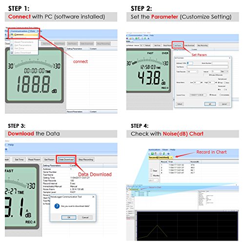 Decibel Meter Sound Level Meter Data Logger with CD Software Audio Decibel Noise Measure Tester 30 – 130 dB Audio Noise Measuring Range with Backlit LCD Display, Data Record Function
