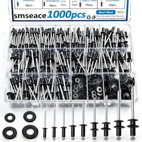 smseace 1000Pcs Black Rivets with 304 Stainless Steel Washers Kit - color: Black Aluminum, size: 1000Pcs