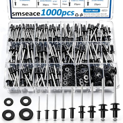 smseace 1000Pcs Black Rivets with 304 Stainless Steel Washers Kit - color: Black Aluminum, size: 1000Pcs