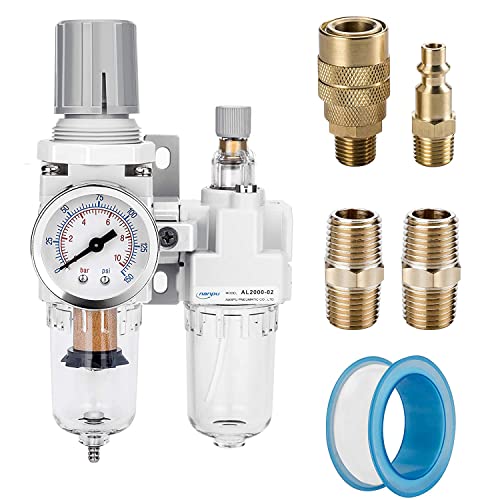 NANPU 1/4" NPT Air Filter Regulator Lubricator Combo, Water Separator - size: 1/4" NPT, style: Semi-Auto Drain, Metal Coupler & Plug