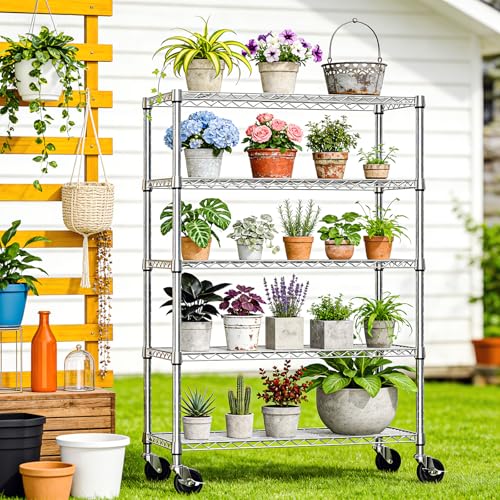 IZEUK 5-Tier Storage Shelving Unit with Wheels, Adjustable Heavy Duty Steel Wire Rack Organizer (Chrome, 17.7" D x 47.2" W x 76.7" H, 1750 lbs Capacity) for Garage, Kitchen, Pantry, Laundry, Basement - color: Chrome, size: 17.7" D x 47.2" W x 76.7"H