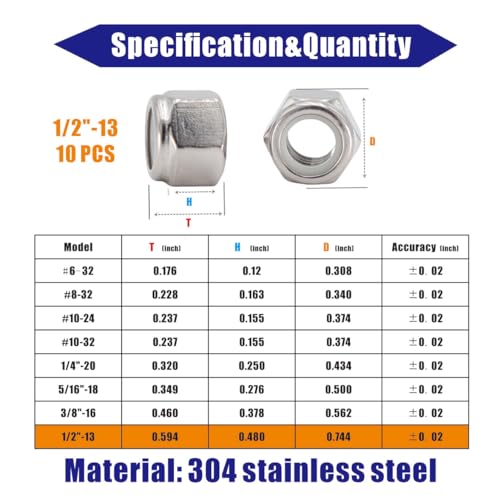 1/2-13 Lock Nut, 10Pcs 304 Stainless Steel Nylock Insert Locking Nuts - size: 1/2"-13 (10 pcs)