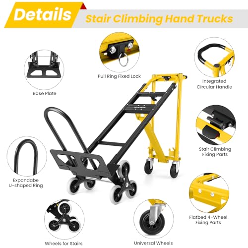 Heavy Duty 1000lbs Hand Truck, 4-in-1 Convertible Stair Climbing Dolly - color: Yellow