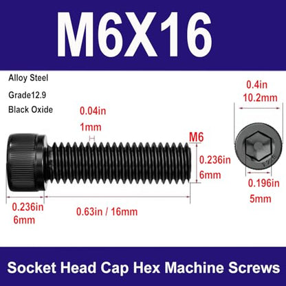 M6-1.0 x16mm Socket Head Cap Screws Bolts, Grade 12.9 Alloy Steel Black Oxide, M6 20mmAllen Socket Drive, Machine Thread with Hex Spanner,20 PCS (M6X16) - size: M6X16mm