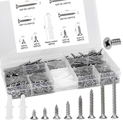 #4 Wood Screw & Anchor Kit (420 Pcs) - 304 Stainless Steel Flat Head Phillips Self-Tapping Screws for Furniture, Cabinet & DIY Projects, Includes Assorted Lengths & 20pcs M6 Screw Anchors - size: Screws Assortment 420Pcs