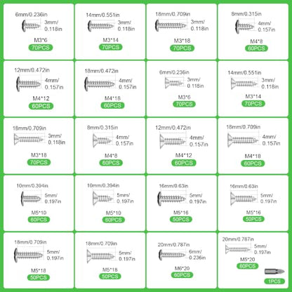 1220Pcs 304 Stainless Steel Self Tapping Screws Assortment Set, M3/M4/M5 Flat Head & Round Head Self Tapping Screws Assortment Set, Phillips Drive Wood Screw Assortment Kit - size: M3/4/5-1220Pcs