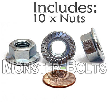 MonsterBolts - M10 Serrated Flange Nuts, DIN 6923, Zinc CR+3, 10 Pack - size: M10 - 1.50