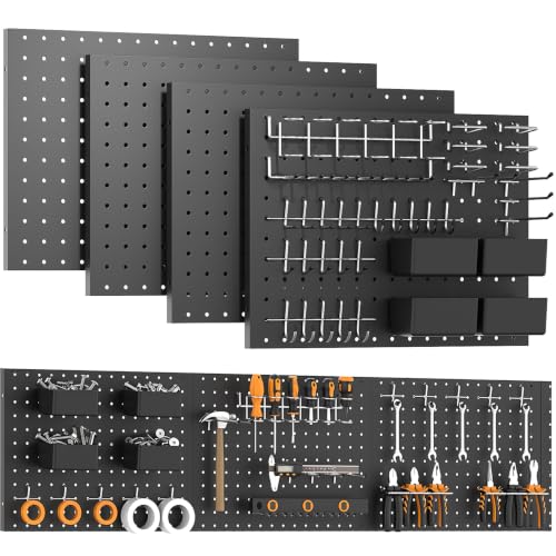 Black Peg Board, 4 Pack Metal Pegboard with Hooks, 71pcs Pegboard Kit, Pegboard Wall Organizer, Heavy Duty Peg Boards for Walls Home Office, Garage Tool Storage, Workbench, Craft Room - color: Black Pegboard Kit, size: 4 Pack + Hooks