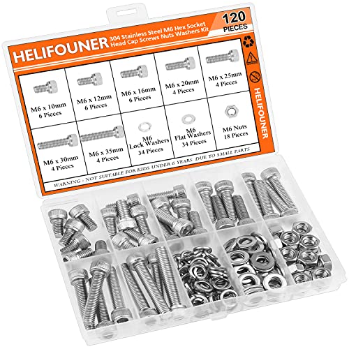 HELIFOUNER 120 Pieces M6 x 10mm /12mm /16mm /20mm /25mm /30mm /35mm, Hex Socket Head Cap Screws Bolts Washers Nuts Kit, 304 Stainless Steel - size: M6, style: Socket Head Screws