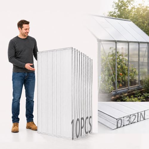 Sinimaka 10-Pack Polycarbonate Greenhouse Panels, 4 x 2 ft, 0.32 in 8mm Twin-Wall Sheets, UV-Coated Translucent Roof Replacement for Greenhouses and Cold Frames - size: 4' x 2' x 0.32''