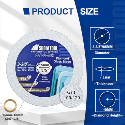 SHDIATOOL Glass Diamond Cutting Disc 3-3/8-Inch Saw Blade, Ultra-Thin Cut Off Wheel for Tile Ceramic Porcelain Marble 85mm (5 of Pack) - size: 3-3/8inch/85mm