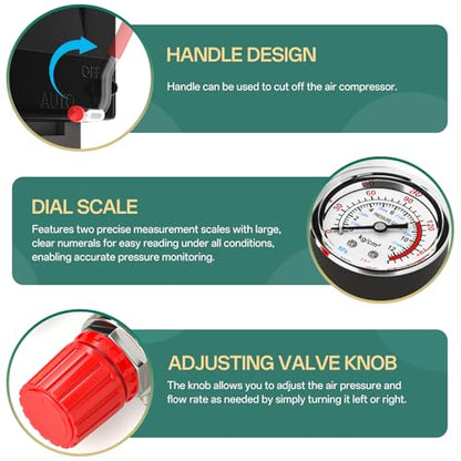 1 Way Air Compressor Pressure Switch Control Valve Kit 95-125 PSI, 110V-240V Replacement Parts, With 0-180 Pressure Gauge and Manifold Regulator - size: 95-125 PSI