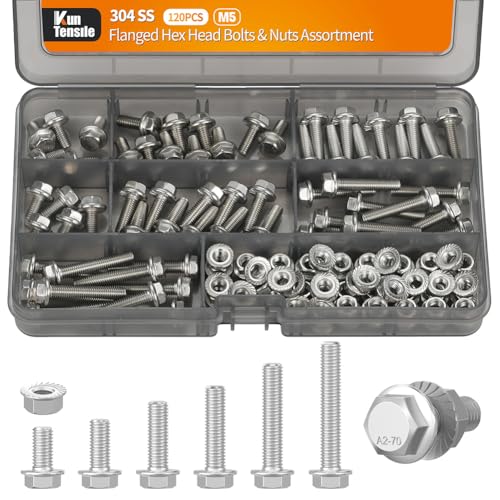 M5 Bolts and Nuts Assortment, 304 SS Flange Hex Bolts Flange Nuts 120pcs - color: Stainless Steel, size: M5