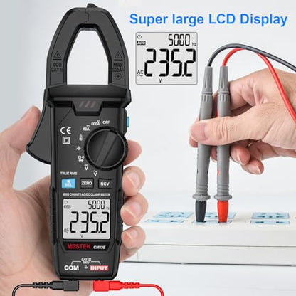 MESTEK Digital Clamp Meter Multimeter, TRMS 6000 Counts 600A Current Amp Volt Meter, Auto-Ranging Voltage Tester Measures AC DC Current Voltage Resistance Capacitance Temperature Diodes Continuity NCV