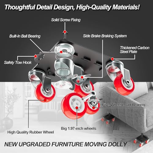 MYUEA Furniture Dolly 5 Wheels Heavy Duty with Removable Side Guards,3307 Lbs Capacity,360° Rotating Wheels & Side Brake,Furniture Movers Lifter Tool with Wheels for Appliances,Sofas,Beds,Pianos - color: Red, size: 1.97 in wheels