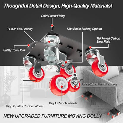 MYUEA Furniture Dolly 5 Wheels Heavy Duty with Removable Side Guards,3307 Lbs Capacity,360° Rotating Wheels & Side Brake,Furniture Movers Lifter Tool with Wheels for Appliances,Sofas,Beds,Pianos - color: Red, size: 1.97 in wheels